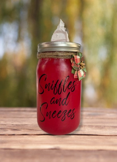 Red "Sniffles and Sneezes" Mason Tissue Jar