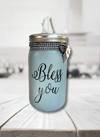 Blue "Bless You" Mason Tissue Jar